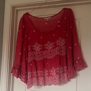 American Eagle Outfitters Red Blouse with White Embroidery - Size M